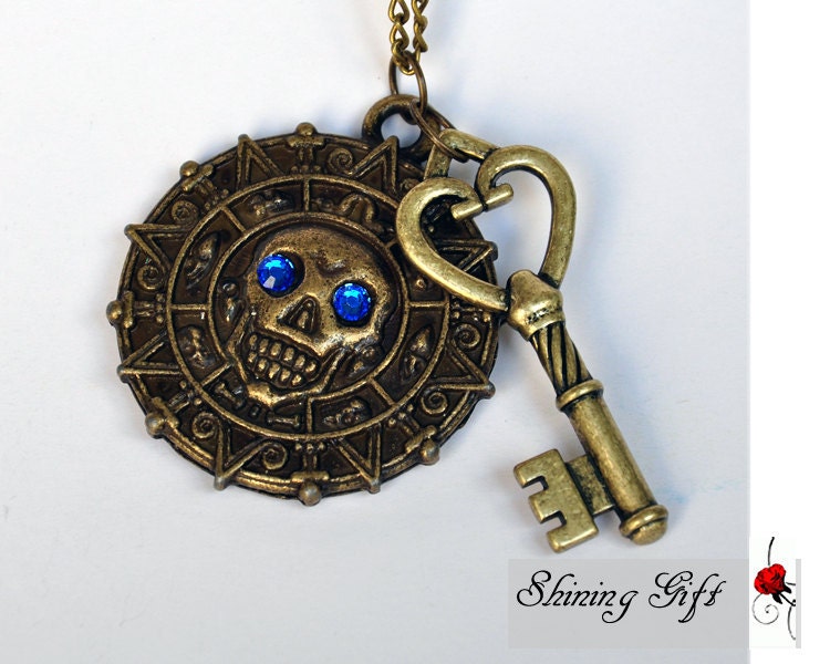 Antiqued Brass Skull necklace, Key necklace-Pirates of the Caribbean Coin/ Heart Key Pendant Necklace-with Blue Crystals eyes