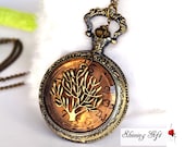 Steampunk Victoriana Brown SHADOW pocket watch Necklace with tree (Big Size)