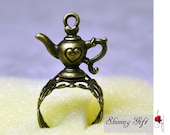 Vintage Style Loving Rings, Teapot and Cup, Adjustable Ring