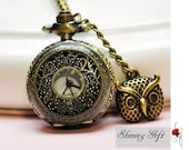 Vintage style Curved Flower Pocket Watch Locket Necklace with a cute Owl