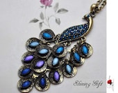 Vintage style peacock necklace, with blue crystal peacock feathers - MyShiningGift