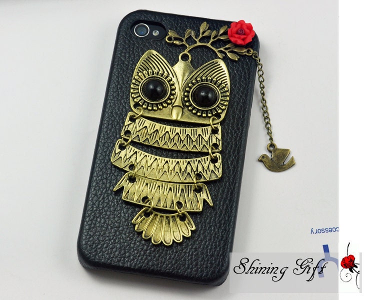 Vintage Owl with Flower, Branch with Flying Bird Hard Case Cover for Apple iPhone 4 Case, iPhone 4s Case, iPhone 4 Hard Case, iPhone Case
