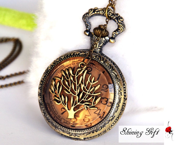 Steampunk Victoriana Brown SHADOW pocket watch Necklace with tree (Big Size)