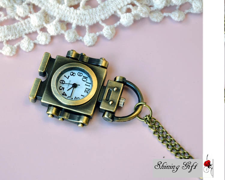 Vintage style Robot Pocket Watch Necklace