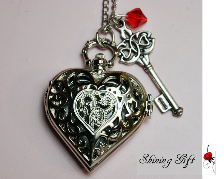 Victorian Heart Shaped Pocket Watch Necklace, with a key and red crystal (Big Size)