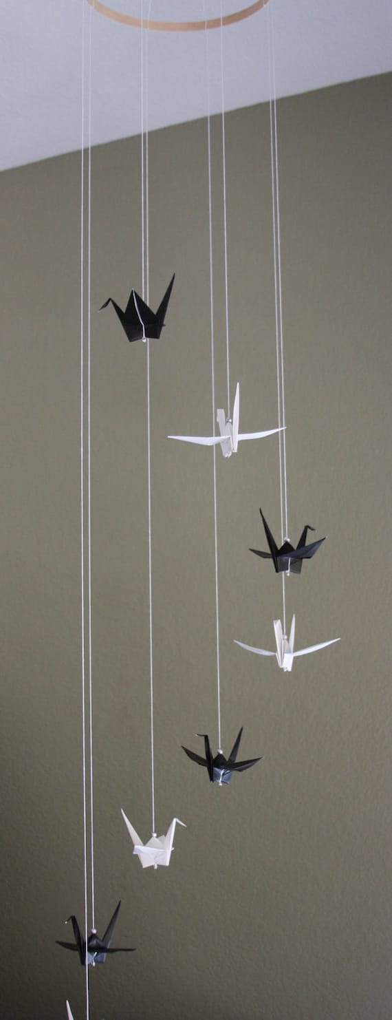 Origami Spiral Mobile - Black and White Cranes