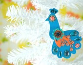 Peacock Ornament Blue Jeweled Wood Hand Painted