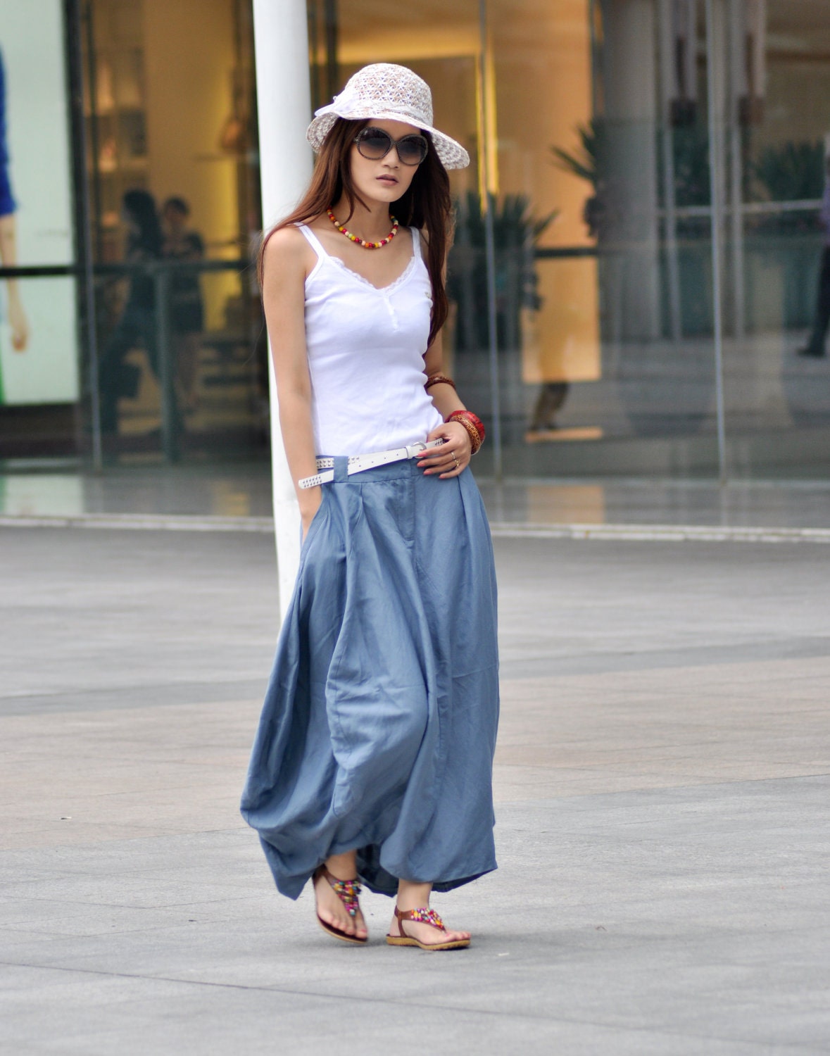 Maxi skirt Long Summer Skirt in Grey Blue Linen Bud Maxi Skirt - NC024