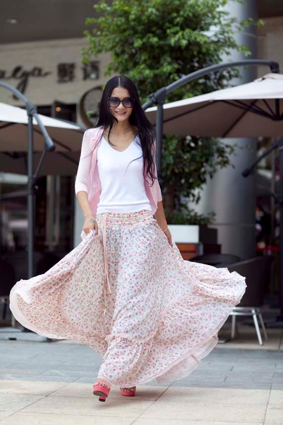 Pink Chiffon Skirt Little Floral Print Chiffon Two Ways Long Maxi Skirt Chiffon Dress - NC148