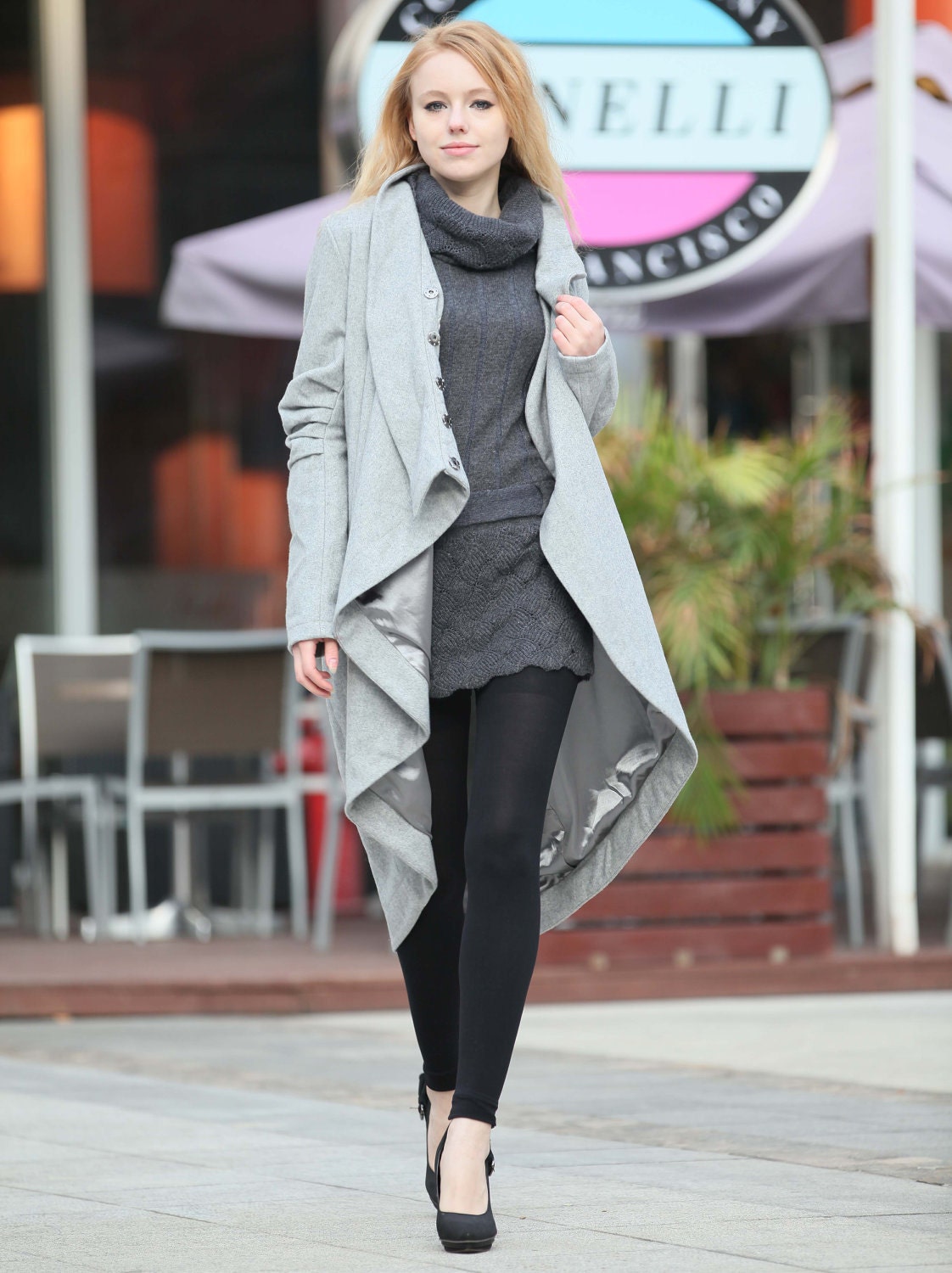 Grey Bud Cashmere Coat Long Woolen Winter Coat Long Sleeves Wool Jacket Woman outwear - NC255
