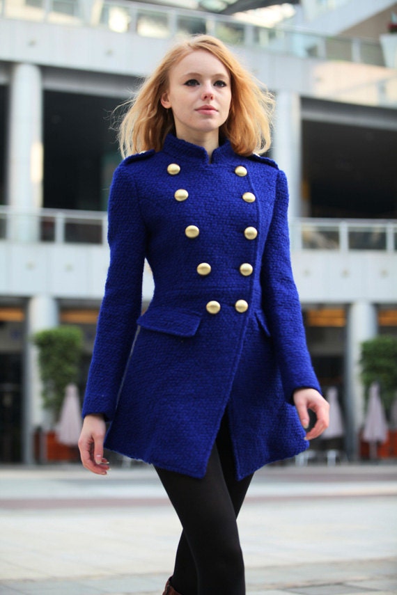 ON SALE Blue Military Jacket Cashmere Coat Fitted Army Style Cashmere Coat Wool Winter Coat For Women - Custom Made  - NC241