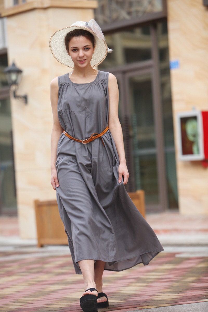 Maxi dress in Gray Sleeveless Cotton Long Dress Summer Sundress in Grey - NC314