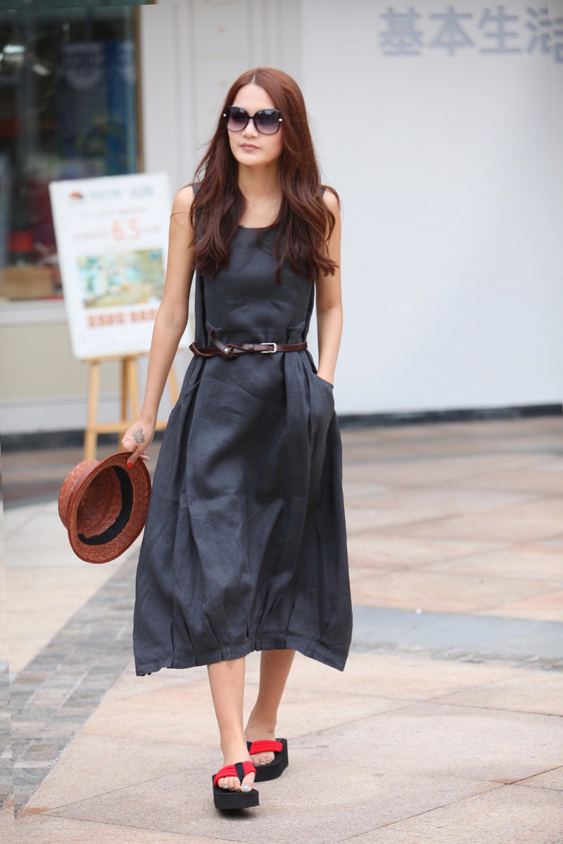 Summer dress  Loose fitting Long Sundress Maxi Dress in Dark Grey - NC306