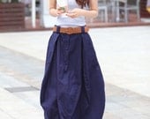 Romantic Navy Blue Pretty Linen Bud Long Maxi Skirt - NC337