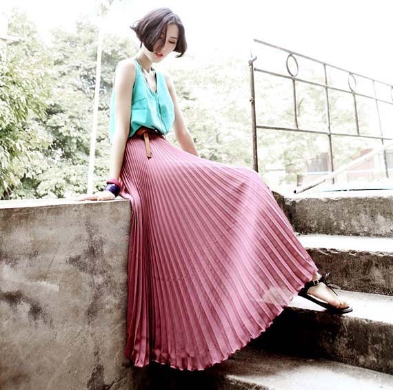 Fairy Retro Chiffon Maxi Skirt Big Sweep Long Pleated Skirt in Purple Red - NC167