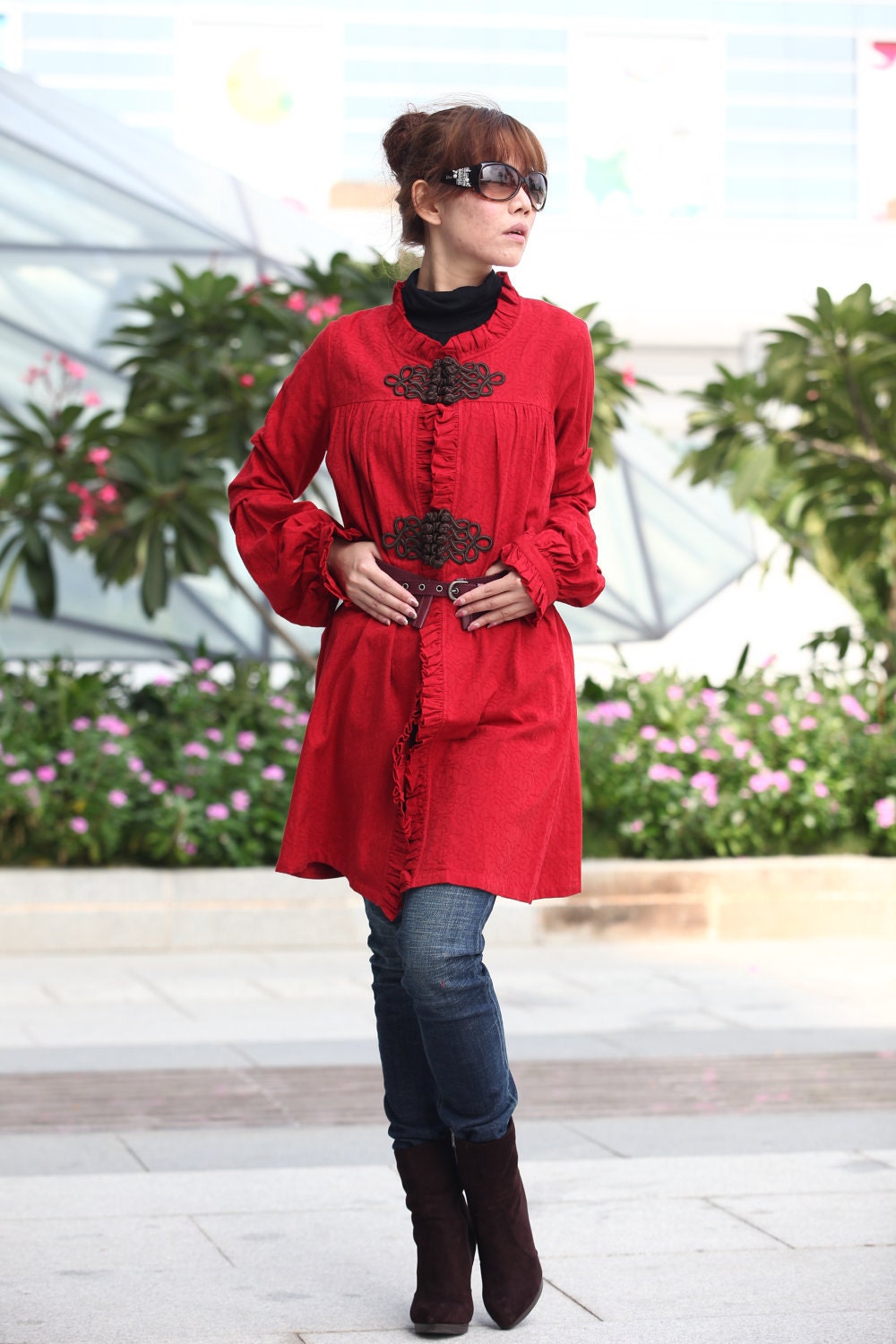 ON SALE 66% OFF Deep Red Puff Sleeve Pleat Buttons Long Shirt- NC210