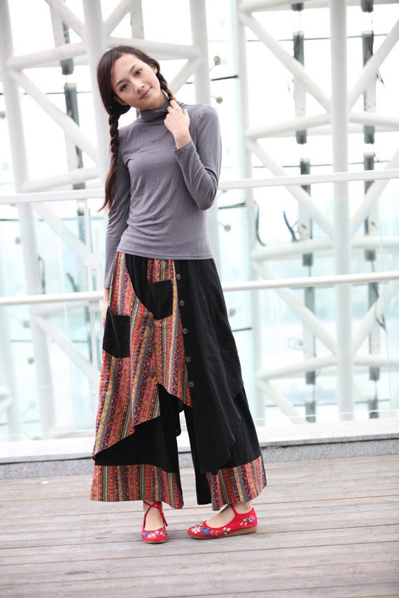 Black Indian Ethnic Linen Patchwork Wide Leg Pants skirt - NC234