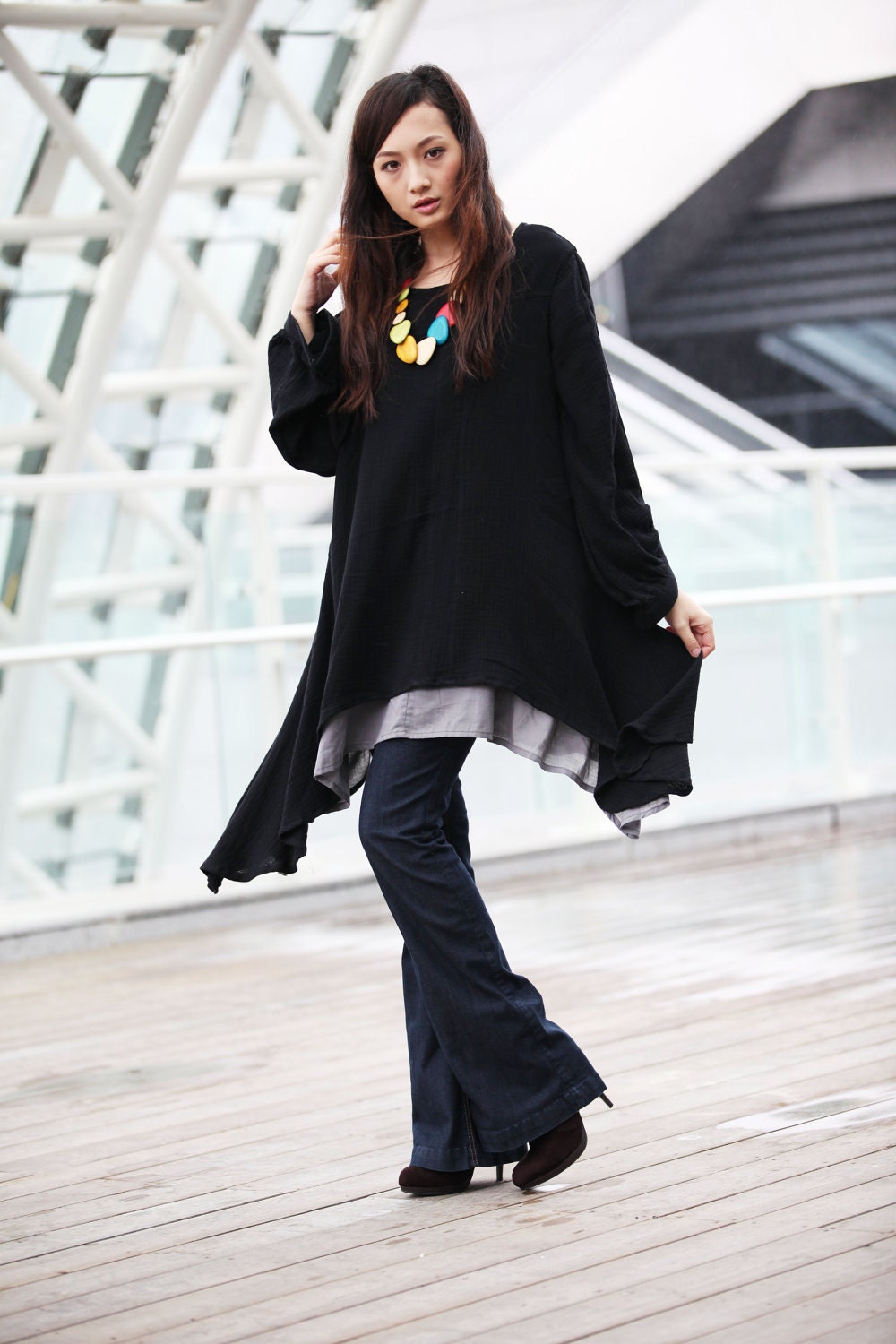 Lagenlook Ethnic Dress Long Sleeve Loose Fitting Shirt Coat Dress in Black Cotton Dress - NC220