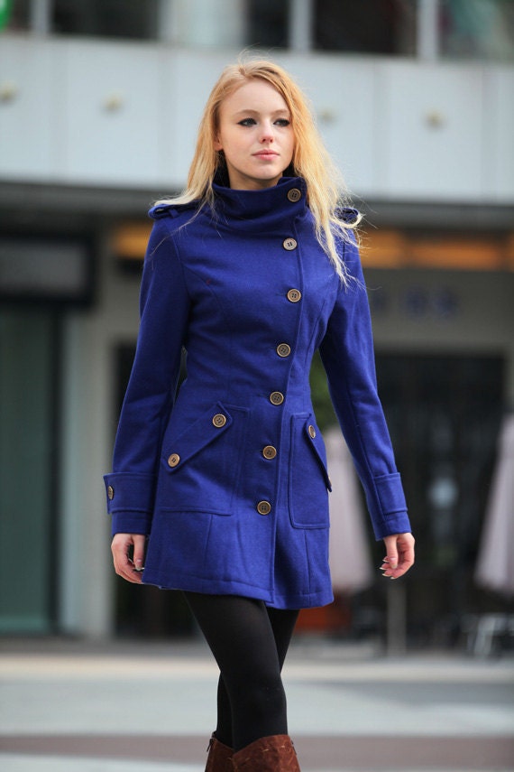 Royal Blue Wool Coat Fitted Military Jacket Cashmere Coat Women Coat Winter Coat - Custom - NC260