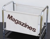 Vintage Magazine Rack, 1970s Chrome & Canvas Stand, Bold Font, Loft Style Decor