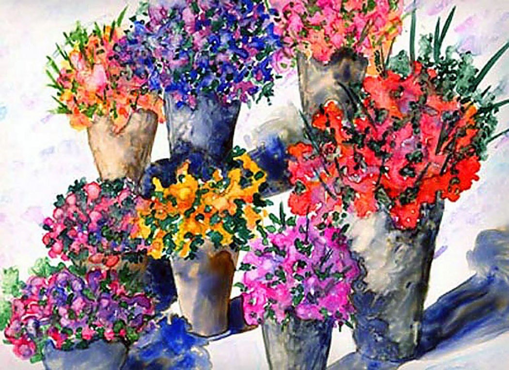 Colorful Bouquets, flowers, Flower market, purple, red, pink, blue, Digital Print, Watercolor, 14x11 inch, Red pink purple