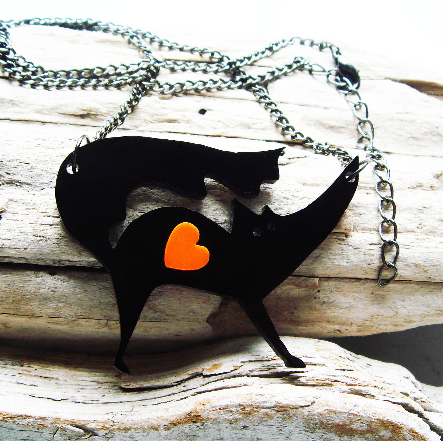 Elsie the Black Fox acrylic necklace with orange heart on silver plated or black nickel free chain