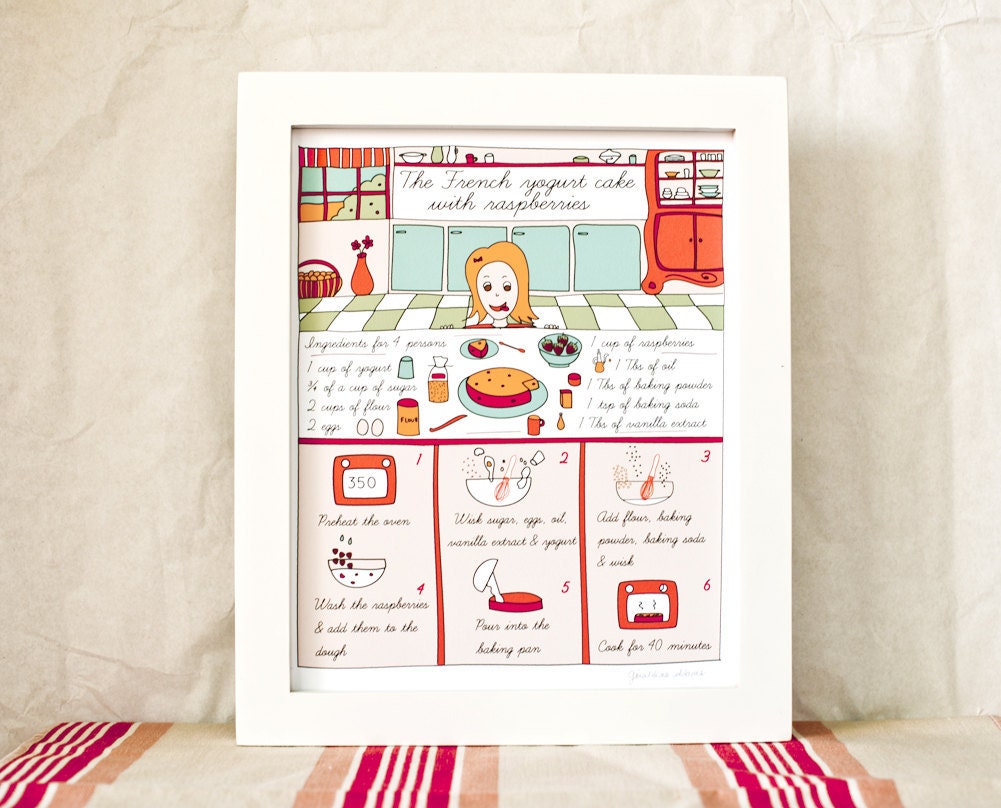 French Country Kitchen Food Art Print 'French yogurt cake with raspberries' - French Illustrated recipe - 8x10 Rustic
