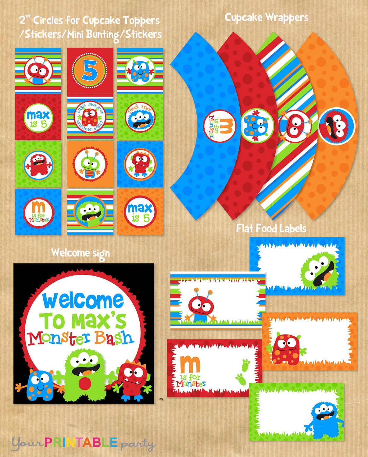 DELUXE Printable Boys Birthday Party Package - Little Monster-  PERSONALIZED Print Yourself (NEW). by Your Printable Party