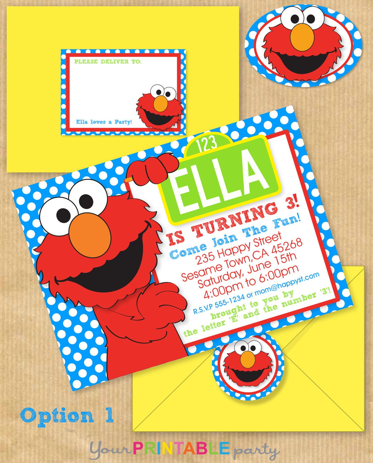ELMO Party Invitation 5x7" with Address Labels, now Includes Envelope Template - DIGITAL files only - PERSONALIZED Print yourself