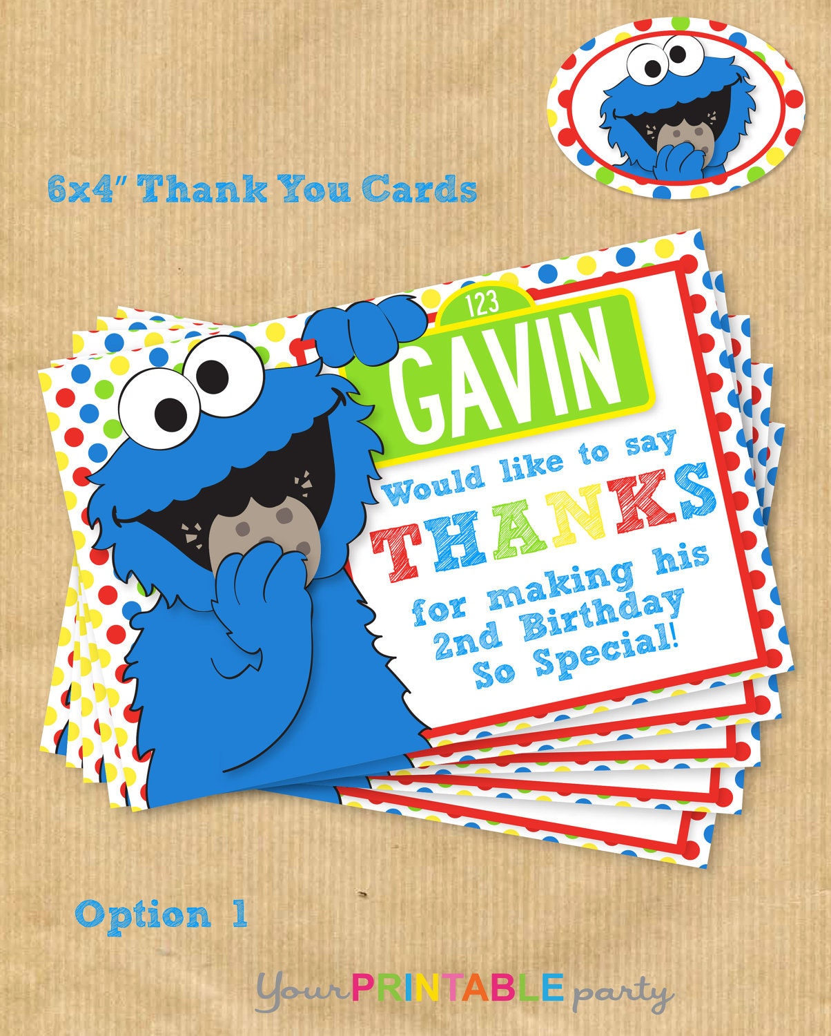 Cookie Monster Inspired Deluxe THANK YOU card 6x4" - Digital files only - Personalized Print yourself