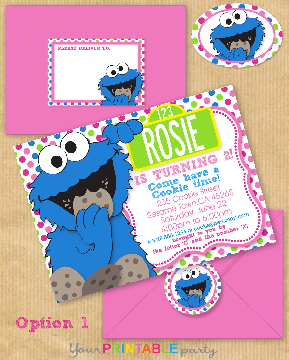Girls COOKIE MONSTER Party Invitation 5x7" with Address Labels & Envelope Template - DIGITAL files only - Personalized Print yourself
