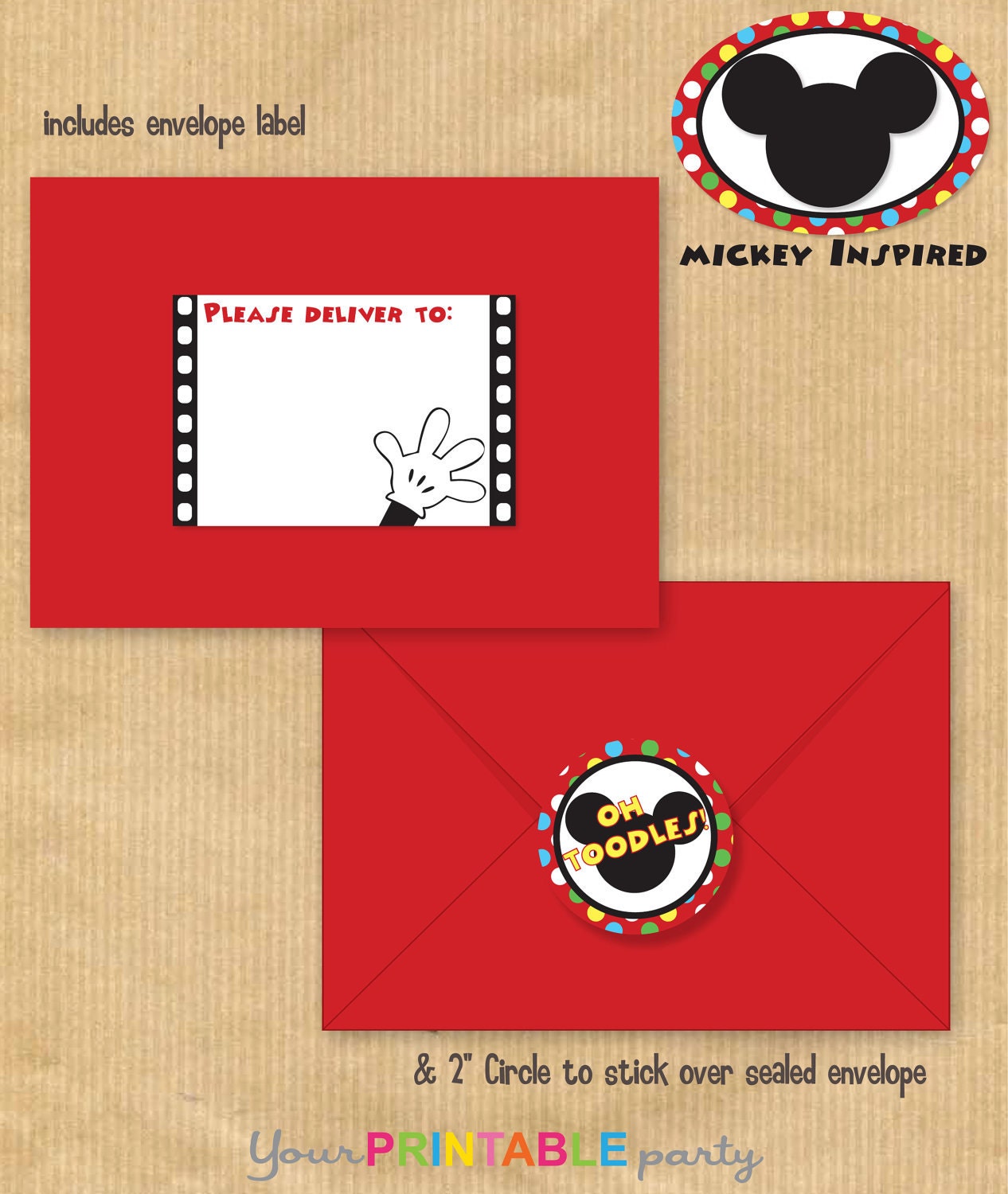 Mickey Mouse Inspired Deluxe Birthday Party INVITATION 5x7" with Address Labels also now includes Envelope Template - Print yourself