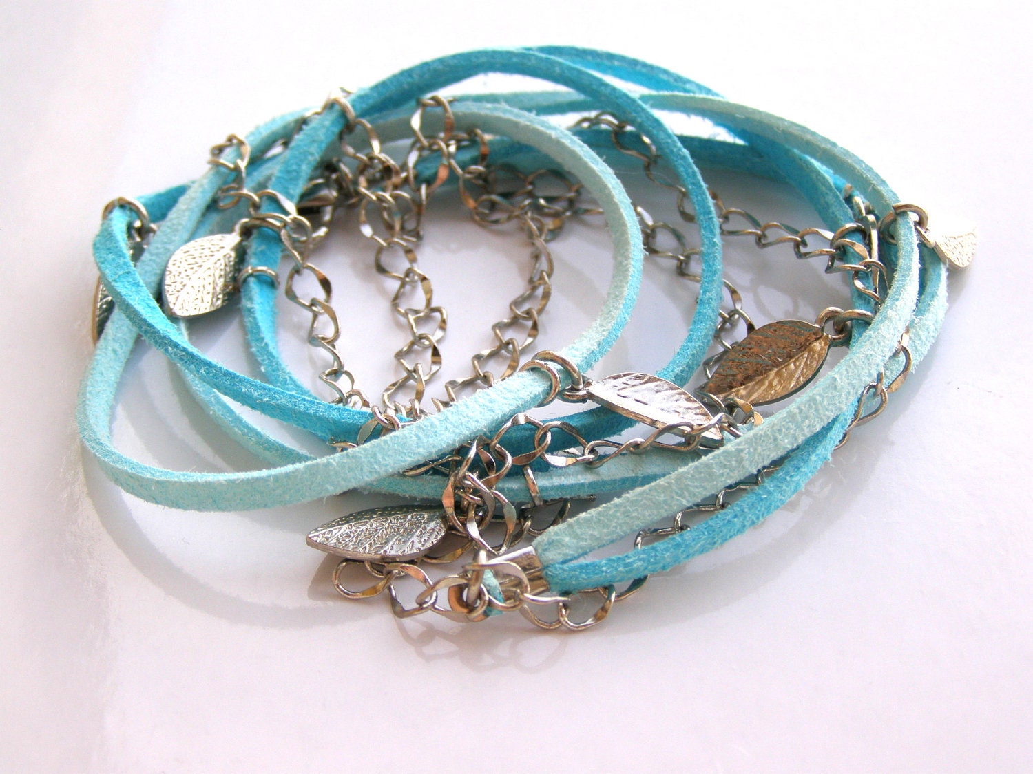 Suede Bracelet. Suede Strings With Silver Plated Leaves Pendants 2 in 1