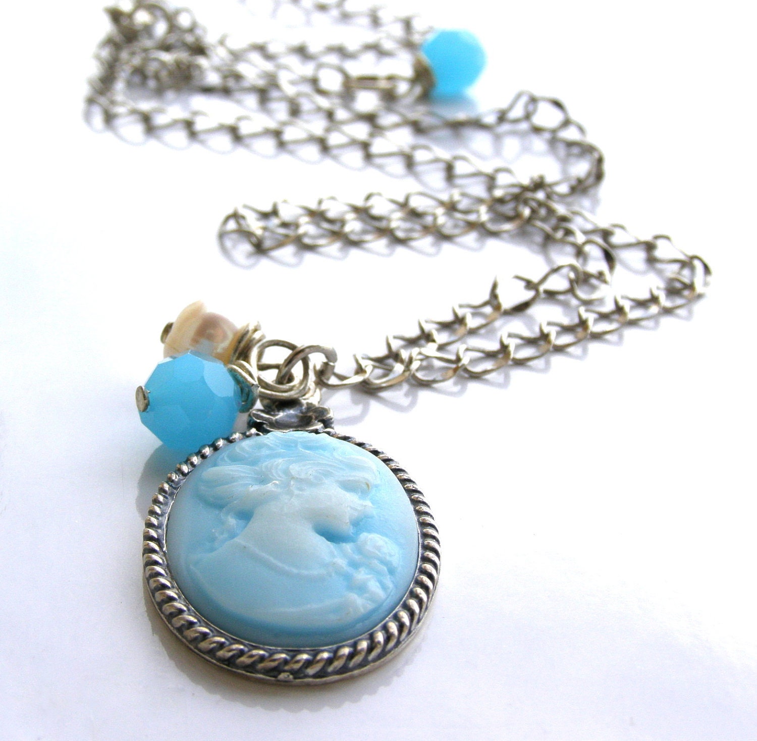 Cameo Necklace.Light Blue Lady Cameo Necklace