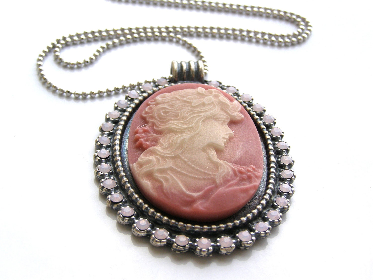 Pink Lady Cameo Pendant in Silver Plated Frame Setting Setted With Swarovski Crystals