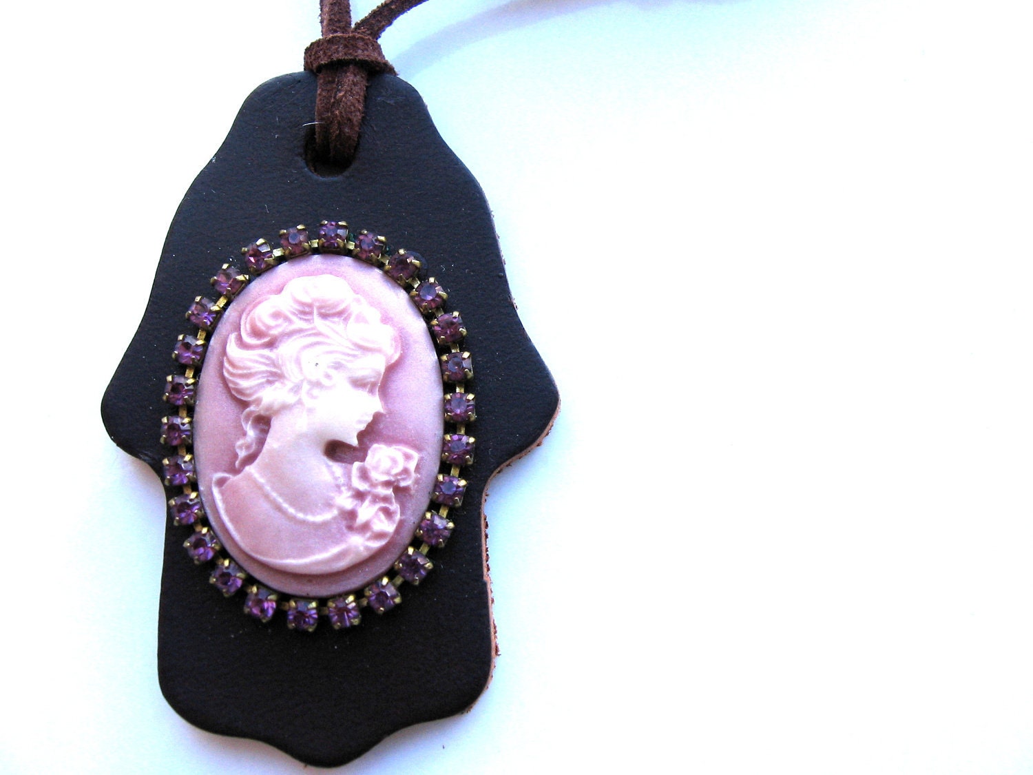 Leather hamsa pendant With Pink Lady Cameo On a Suede Cord