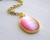 Pink Stone Necklace. Cat's Eye Pink Stone Cabochon Necklace