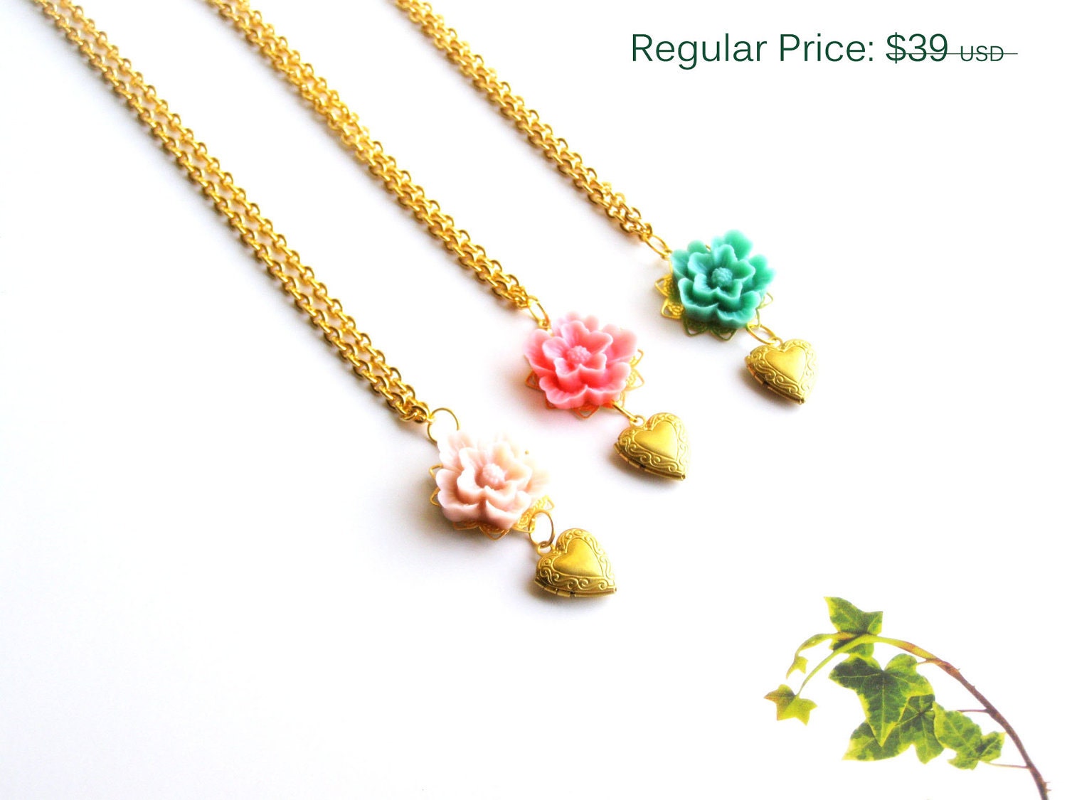 ON SALE- Flower Necklace With Tiny Heart Gold Locket