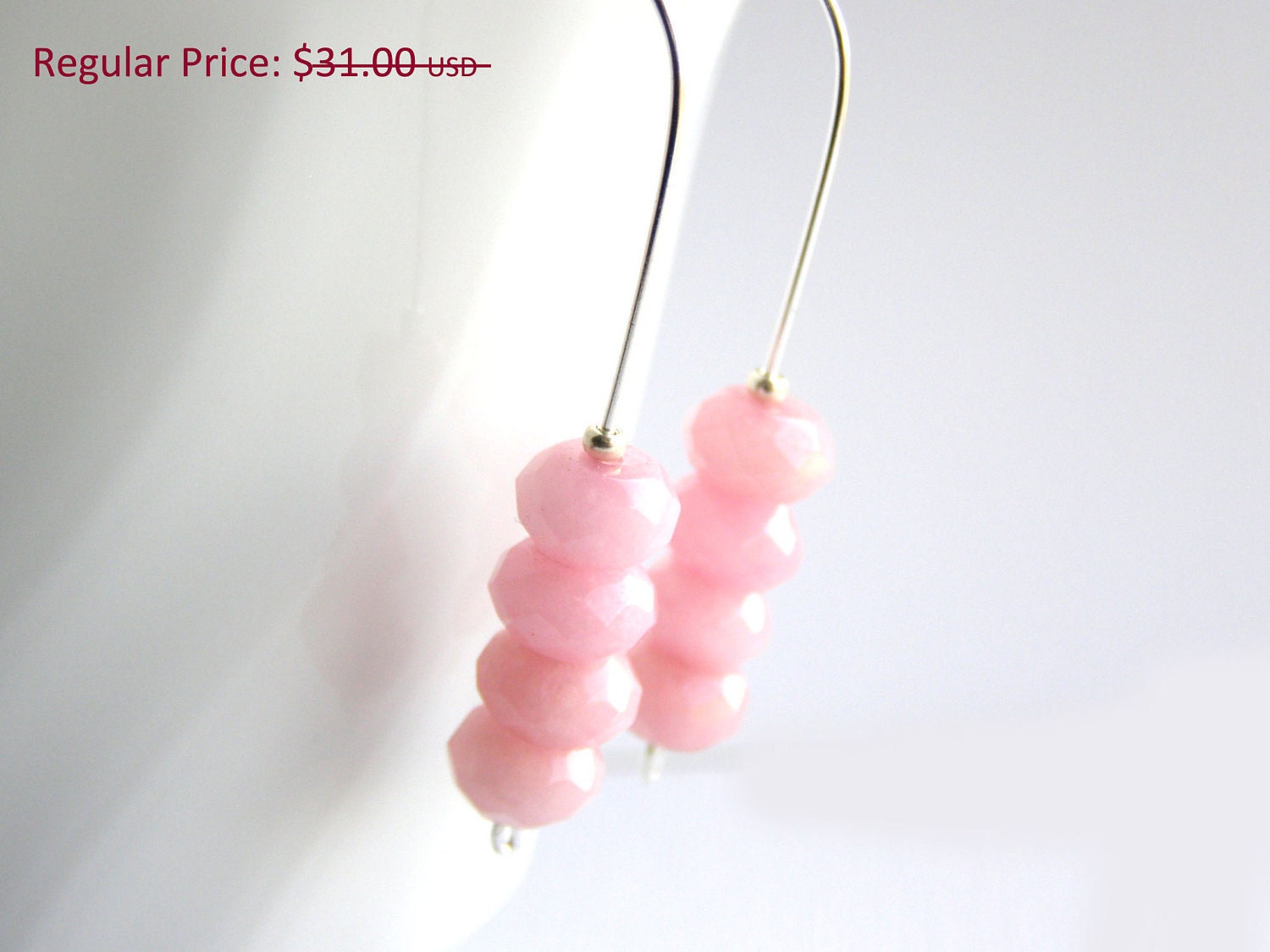 ON SALE- Long Pink Ruby Faceted Beaded Rondel Silver Dangle Gemstone Earrings