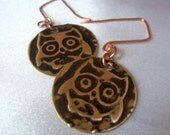 Owl Copper Earring - jewelry - earring - dangle - drop - embossed - copper - handmade - unique - embossed - patina look - Round disc