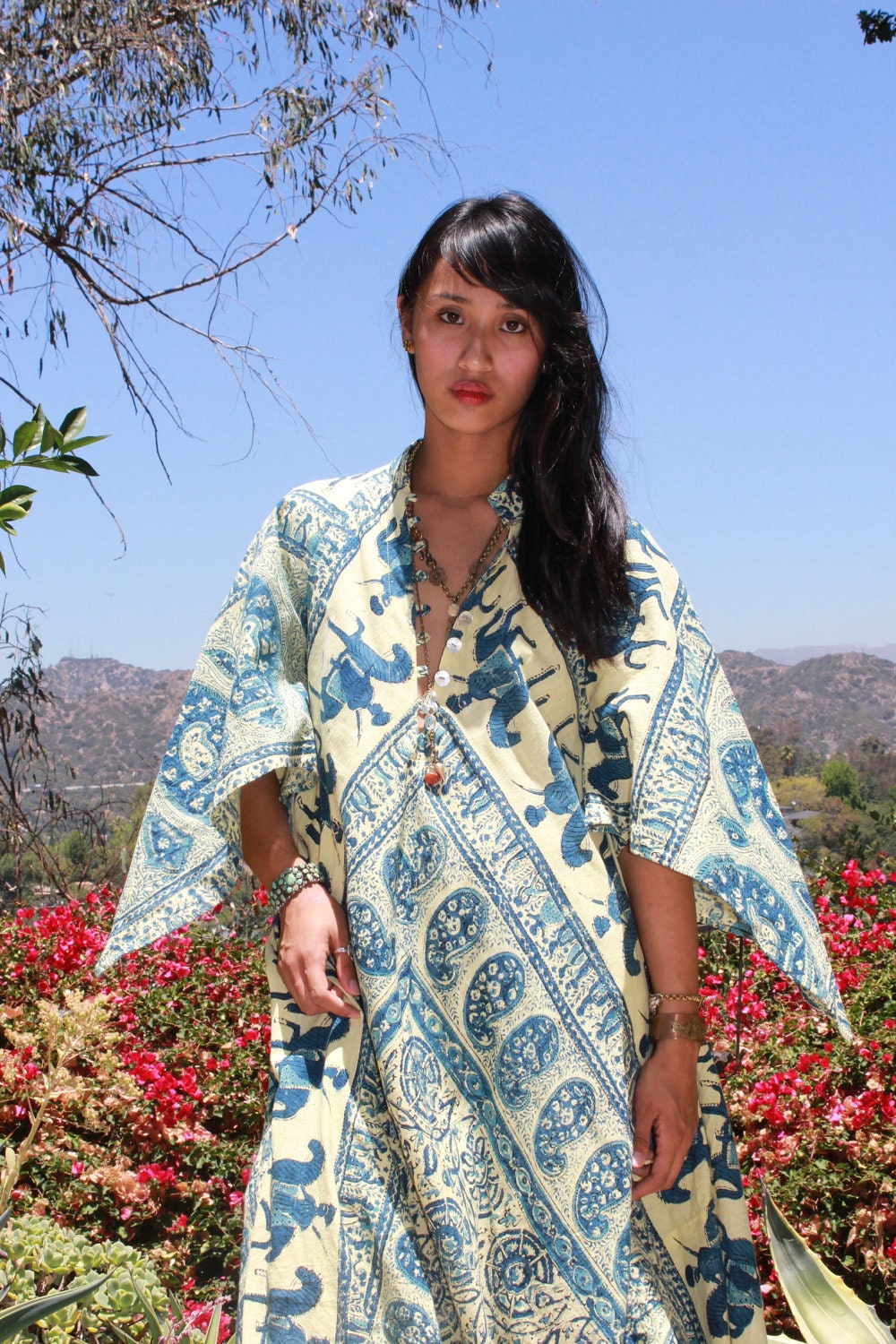 GORGEOUS Bohemian Indian Wood Blocked Cotton Circa 1960s 1970s Festival Dress