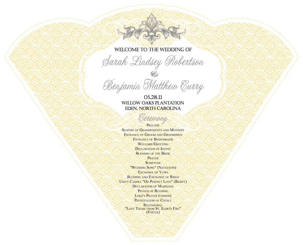 SET OF 25 Yellow & Gray Patterned Whimsy Design Wedding Fan custom colors available