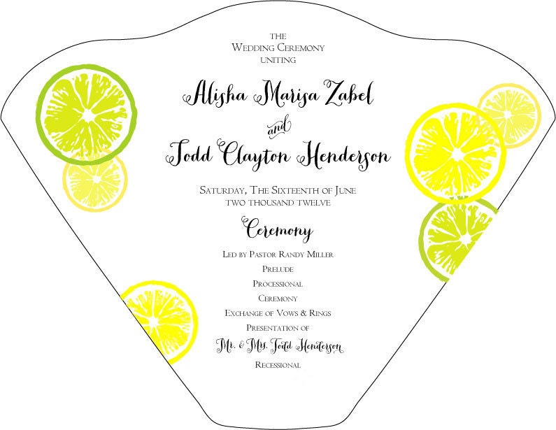 SET OF 25 Yellow & Green Lemons and Limes Design Wedding Fan custom colors available
