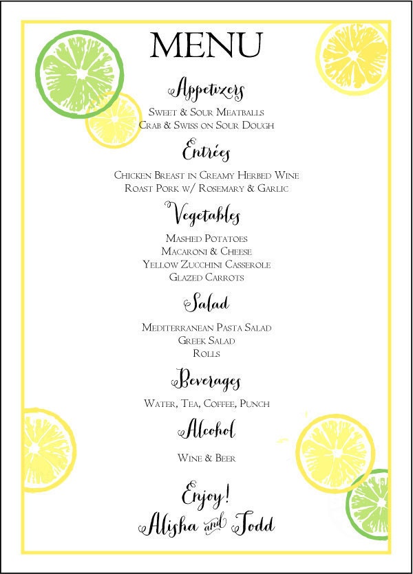 SET OF 25 Fun Citrus Menus - Flat Style custom colors available