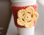 Crochet Coffee Cozy - Coral with Yellow Flower