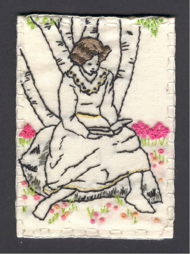 Reading A Book Embroidered ACEO