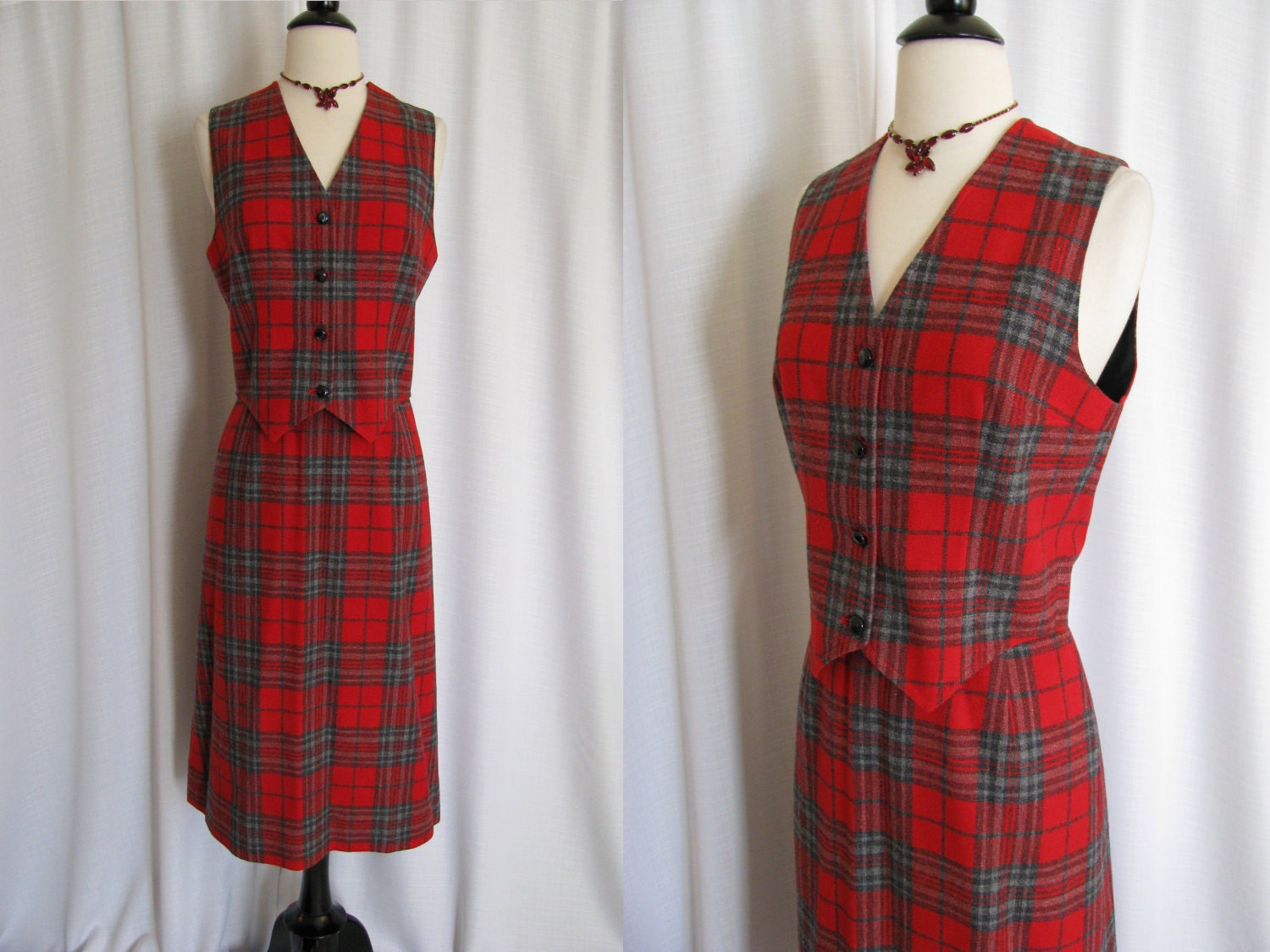 1960s Browns of Bermuda Red and Grey Plaid Wool Skirt and Vest Set - Size Medium