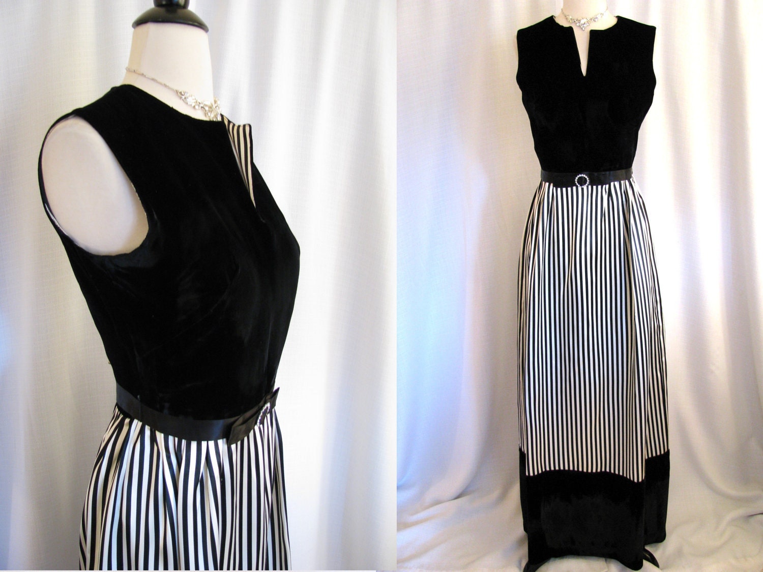 RESERVED - Vintage 1970s Black and White Striped Satin and Velvet Dress Gown Floor Length Medium