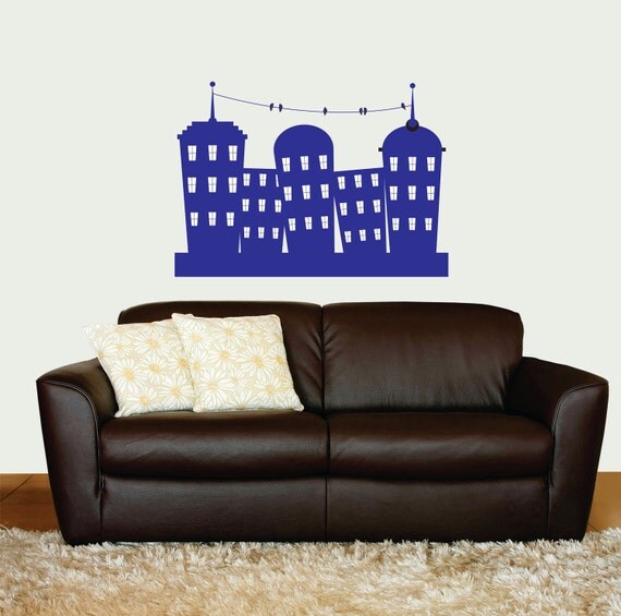 Vinyl Wall Decal  -  City and Birds on a Wire
