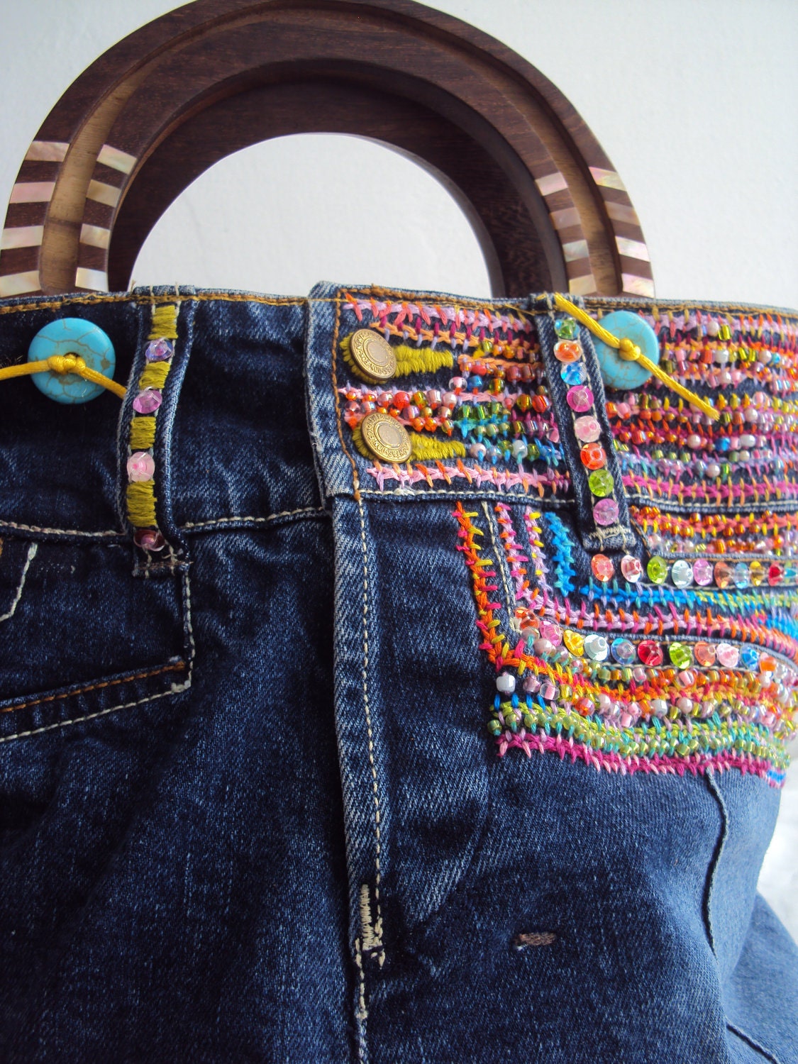 SALE Ultimate Purse Embroidered Beaded Denim Handcarved Shell Inlay Handles